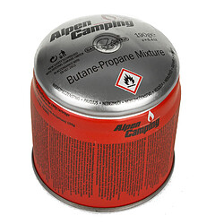 Cartouche de gaz 400 ml Alpen Camping. certificat : Pi 0437, conforme EN417, propane-butane, plage -10°C à +40°C, système GAS STOP IK006