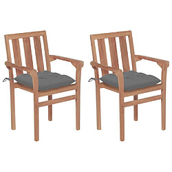 vidaXL Chaises de jardin lot de 2 et coussins gris Bois de teck massif 