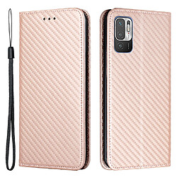 Etui en PU texture en fibre de carbone,, antichoc avec sangle or rose pour votre Xiaomi Poco M3 Pro 4G/5G/Redmi Note 10 5G/Redmi Note 10T 5G