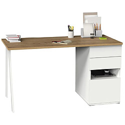 Pegane Bureau,table de travail en aggloméré finition chêne doré avec pied en métal blanc-Longueur 137.5 x Profondeur 67 x Hauteur 76 cm