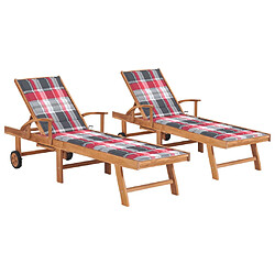 Helloshop26 Lot de 2 transats chaise longue bain de soleil lit de jardin terrasse meuble d'extérieur avec coussin carreaux rouge teck solide 02_0012030