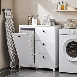 SoBuy BZR97-W Armoire à Linge avec Sac à Linge, Meuble Bas de Salle de Bain, Commode pour Salle de Bain, Armoire Toilette avec 3 Tiroirs et 1 Panier à Linge, Blanc, 80x35x90 cm