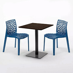 Avis Grand Soleil Table carrée 60x60 pied noir et surface bois avec 2 chaises colorées Gruvyer Kiss - Bleu