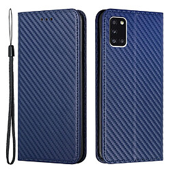 Etui en PU Texture en fibre de carbone, auto-absorbée avec support bleu pour votre Samsung Galaxy A31 4G