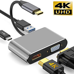 Wewoo Adaptateur USB C vers HDMI VGA 4K 4 en 1 de type C Hub vers HDMI VGA multiport AV numérique USB 3.0 avec port de charge PD USB-C Compatible pour Nintendo Switch / Samsung / MacBook Gris