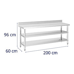 Helloshop26 Table de travail acier inoxydable table de travail en inox adossée avec dosseret 200 x 60 x 16,5 cm 235 kg 2 tablettes 14_0007313 pas cher