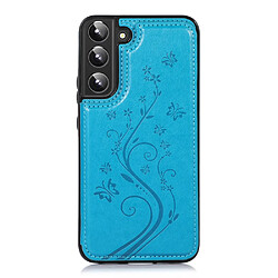 Coque en TPU + PU motif fleur, deux boutons magnétiques avec béquille et porte-cartes bleu foncé pour votre Samsung Galaxy S22 5G