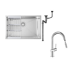 Auralum MAX Évier Cuisine 1 Bac 60*44*20CM,inox 304,à Encastrer/sous-plan avec Panier Drainage,Nano Silver+robinet de cuisine rétractable à deux fonctions,chromé