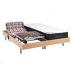 Avis Vente-Unique Lit électrique de relaxation tout plots + matelas ressorts ensachés et mémoire forme - 2 x 80 x 200 cm - Chêne - PHANES de DREAMEA