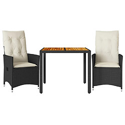 vidaXL Ensemble de bistro 3 pcs et coussins noir résine tressée acacia