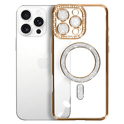 Avizar Coque Diamant pour iiPhone 16 Pro Max MagSafe Contour Strass Dorée