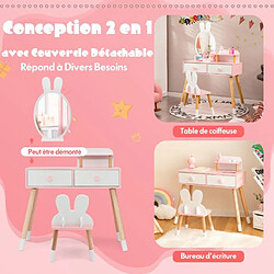 Helloshop26 Coiffeuse enfant avec chaise et miroir en forme lapin table de maquillage 2 tiroirs et étagère en bois blanc 20_0008322