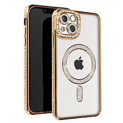 Avizar Coque Diamant pour iPhone 13 Protection MagSafe Contour Strass Dorée