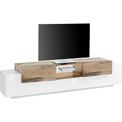 Alter Meuble TV de salon, Made in Italy, Meuble TV avec 4 portes et étagères, 220x45h51 cm, Couleur blanc brillant et érable