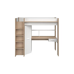 Vente-Unique Lit mezzanine avec bureau et armoire - 90 x 200 cm - Coloris : Blanc et naturel + matelas - AUCKLAND pas cher