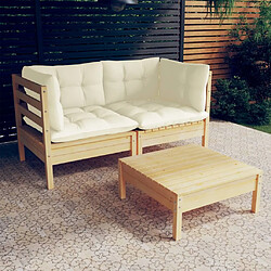 vidaXL Salon de jardin 3 pcs avec coussins crème bois de pin