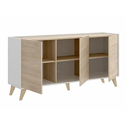 Pegane Buffet Meuble de rangement 3 portes coloris blanc/naturel - Longueur 155 x Hauteur 75 x Profondeur 43 cm