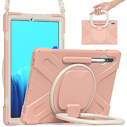 Coque en TPU + Silicone avec béquille pivotante à 360° et bandoulière rose/blanc pour votre Samsung Galaxy Tab S7 Plus T970/T975