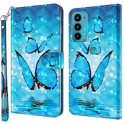 Etui en PU antichoc, motif 3D avec support et sangle papillons bleus pour votre Motorola Moto E20/E30/E40