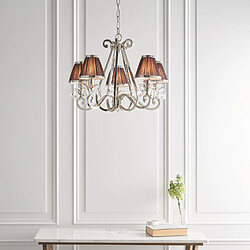 Interiors 1900 Chandelier Oksana, nickel poli, pampilles cristal, 5 abat-jours chocolat