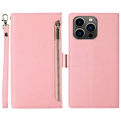 Etui en PU texture litchi, anti-écaillage avec pochette à fermeture éclair et sangle pour votre iPhone 14 Pro Max - rose