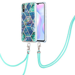 Coque en TPU 2,0mm, électroplaqué IMD double face, épissage motif marbre avec lanière bleu vert pour votre Xiaomi Redmi 9A