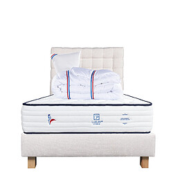 LUXURY LITERIE Ensemble matelas Patriote 90x190 cm + sommier beige ep20cm + oreiller + couette + Tête de Lit