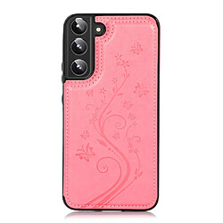 Coque en TPU + PU motif fleur, deux boutons magnétiques avec béquille et porte-cartes rose pour votre Samsung Galaxy S22 5G