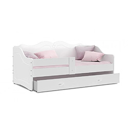 Kids Literie Lit Enfant Lily 80x160 Blanc Livré avec sommiers, tiroir et matelas en mousse de 7cm