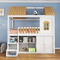 ComfortXL Lit Superposé 90x200cm en Bois avec Armoire, Fenêtre, Escalier Sécurisé et Rangement, Blanc Naturel pas cher