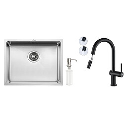 Auralum MAX Évier de Cuisine Inox 1 Bac 50*43*18CM avec Distributeur de Savon +robinet de cuisine rétractable à deux fonctions, Noir