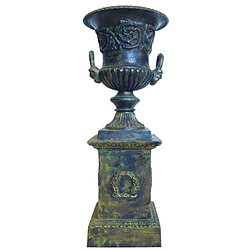 L'Héritier Du Temps Vasque et Socle Géant Vase Jardinière Extérieur de Chateau en Fonte Patinée Verte 56x56x140cm