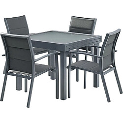 Wilsa Garden Ensemble MODULO 4/8p en aluminium gris et verre noir modulable et 4 fauteuils aluminium et assise textilène