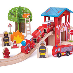 Bigjigs Toys Jeu en bois - Ensemble de train de caserne de pompiers