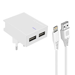 Chargeur Secteur Double USB 3A Smart IC Câble iPhone / iPad Swissten Slim Blanc