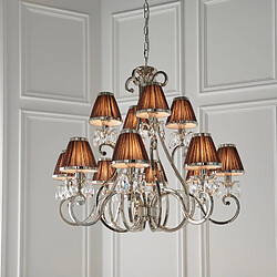 Avis Interiors 1900 Chandelier Oksana, nickel poli, pampilles cristal, 12 abat-jours chocolat