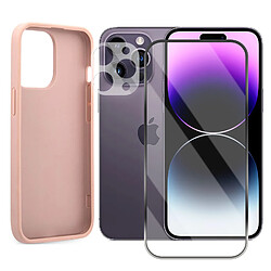 Protection intégrale Verre Trempé pour iPhone 14 Pro Max + Verre Trempé Caméra Arrière + Coque souple silicone Rose -Visiodirect-