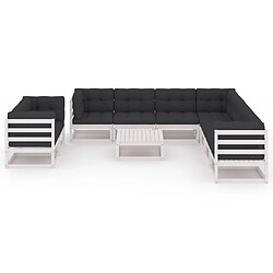 Maison Chic Salon de jardin 10 pcs + coussins - Mobilier/Meubles de jardin - Table et chaises d'extérieur Blanc Bois de pin massif -MN22342