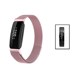 PHONECARE Kit Bracelet Milanese Loop Fermoir Magnétique + Film de Gel Full Cover pour Fitbit Ace 2 - Rose / Transparent