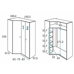 Inside 75 Armoire d'angle pan-coupé 2 portes 150,3 x 220 cm finition chêne blanchis porte droite pliante