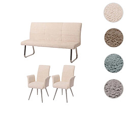 Mendler Set de salle à manger HWC-G55, set de 2 chaises avec accoudoirs+banc 160cm, inox brossé tissu/textile chenille ~ crème