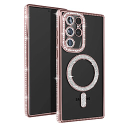 Avizar Coque Diamant pour Samsung Galaxy S22 Ultra MagSafe Contour Strass Rose Champagne