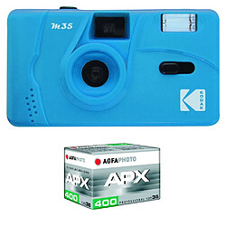 KODAK Pack M35 Argentique + Pellicule APX 400, 36 poses - Appareil Photo Kodak Rechargeable 35mm Bleu, Objectif Grand Angle Fixe - Cerulean Blue