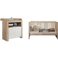 Chambre bébé duo PIA - Lit 70x140 cm + Commode a langer 2 portes - Décor chene sonoma et blanc mat - TRENDTEAM