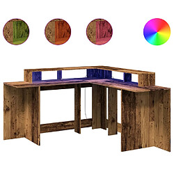 Helloshop26 Bureau table poste de travail meuble d'ordinateur informatique étude avec lumières LED vieux bois bois d'ingénierie brun 02_0023440