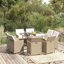 Maison Chic Ensemble à manger d'extérieur 9 pcs avec coussins,Salon de jardin,Mobilier de jardin Poly rotin Beige -GKD522610