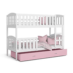 Kids Literie Lit Superposé 3 Places Teo 90x190 Blanc - rose Livré avec sommiers, tiroir et matelas en mousse de 7cm