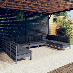 vidaXL Salon de jardin 9 pcs avec coussins Gris Bois de pin massif