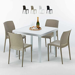 Table Carrée Blanche 90x90cm Avec 4 Chaises Colorées Grand Soleil Set Extérieur Bar Café Boheme Love, Couleur: Beige