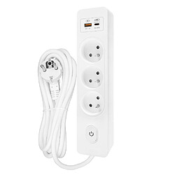 Null Multiprise SELDUR G3FH12B, 3 prises type E + interrupteur, USB A+C charge rapide 20W, Blanc, câble 1.5m